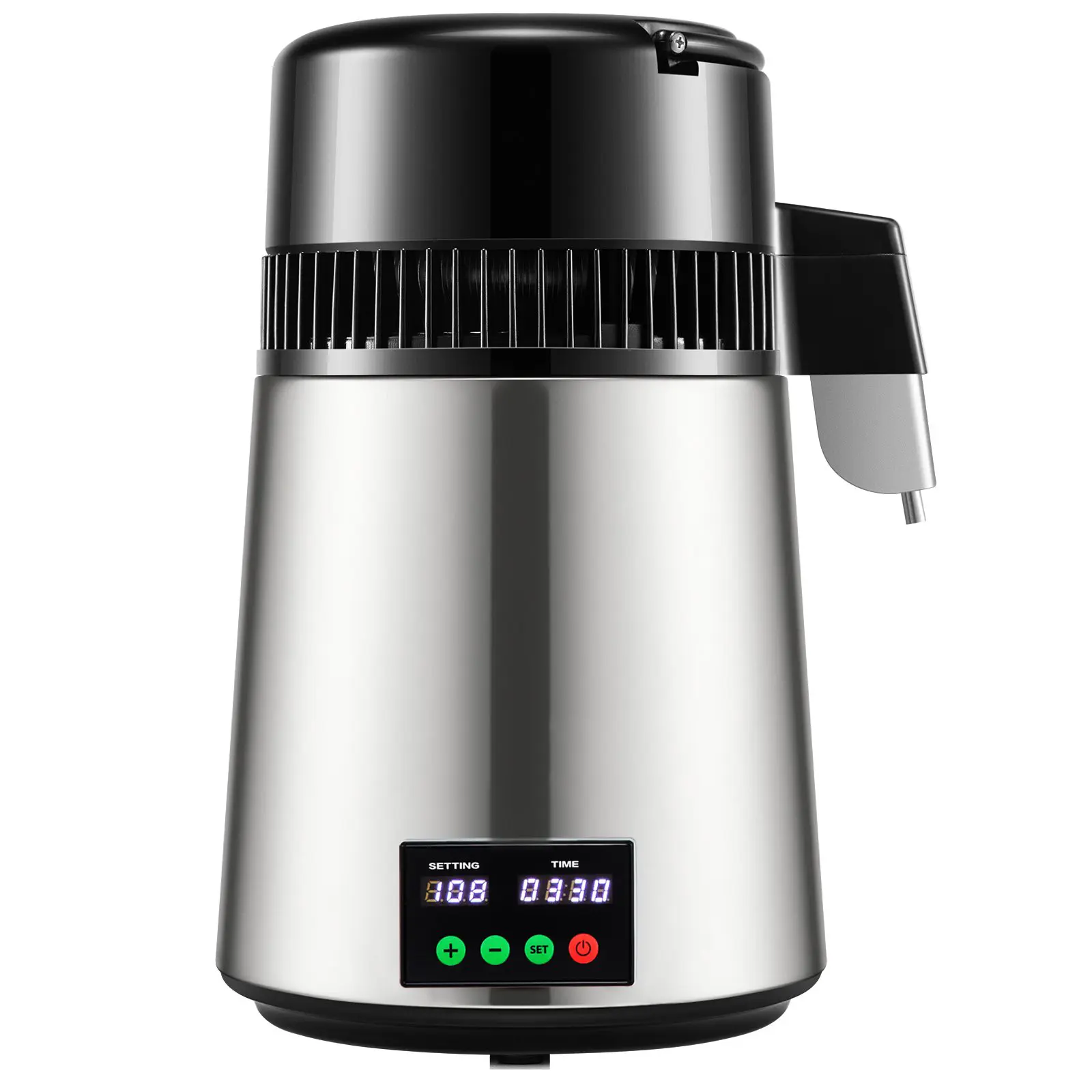 1.1 Gal Water Distiller, 0.3 Gal/H, 750W Distilled Water Maker Machine 0-99H Timing Set Temp Display, 304 Stainless Steel Countertop Distiller Glass Carafe Cleaning Powder 3 Carbon Packs, Silver