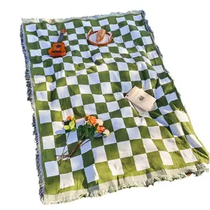 Bohemian Houndstooth Picnic Blanket, Waterproof Reversible Camping Throw with Tassels for Outdoor and Home Use
