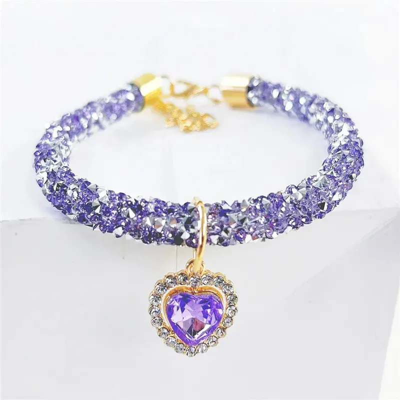 Anime Solid Copper-Base Pet Crystal Collar Set - Heart Charm Necklace, Diamond-Studded Chain, S 20-25cm Adjustable, Universal for Small Dogs (Chihuahua/Pomeranian) & Kittens, Wedding-Ready