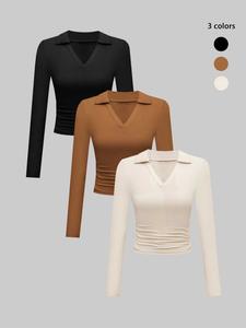 women's solid notched neck long sleeve tee, casual solid t-shirt for fall, vintage graphic tees, ladies clothes for daily wear, womenswear, clothes for women