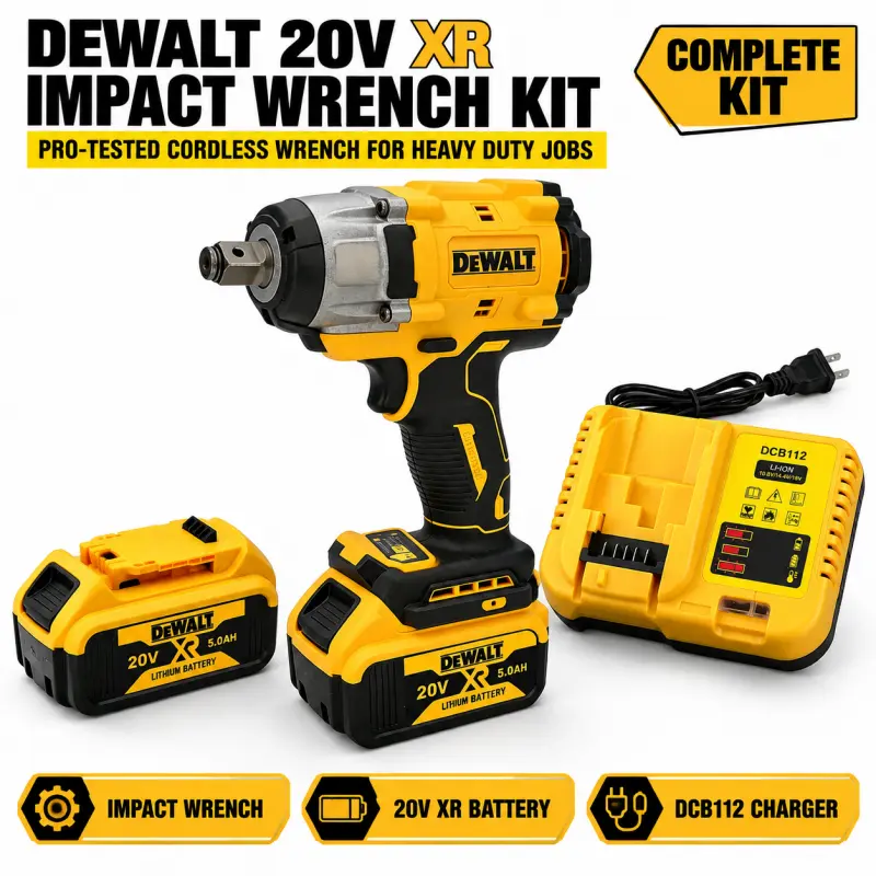 []DEWALT Yellow Impact Wrench Kit, Cordless Power Tool for Bolt Tightening and Removal, Durable Metal Housing Material, High Torque Performance, Powerful Motor, Ergonomic Handle, Fast Operation, Tool Kit Essentials, Automotive Repair