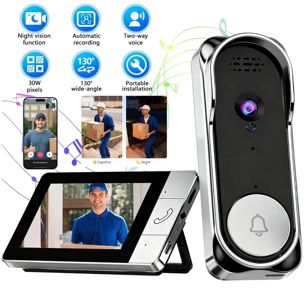 Wireless Video Doorbell with 4.3 Inch Color Screen, Night Vision, Waterproof Design, Long Battery Life, Supports Video Call, Two-Way Audio and Intercom, Wireless Smart Doorbell, Home Security Doorbell, Wireless Wifi Doorbell