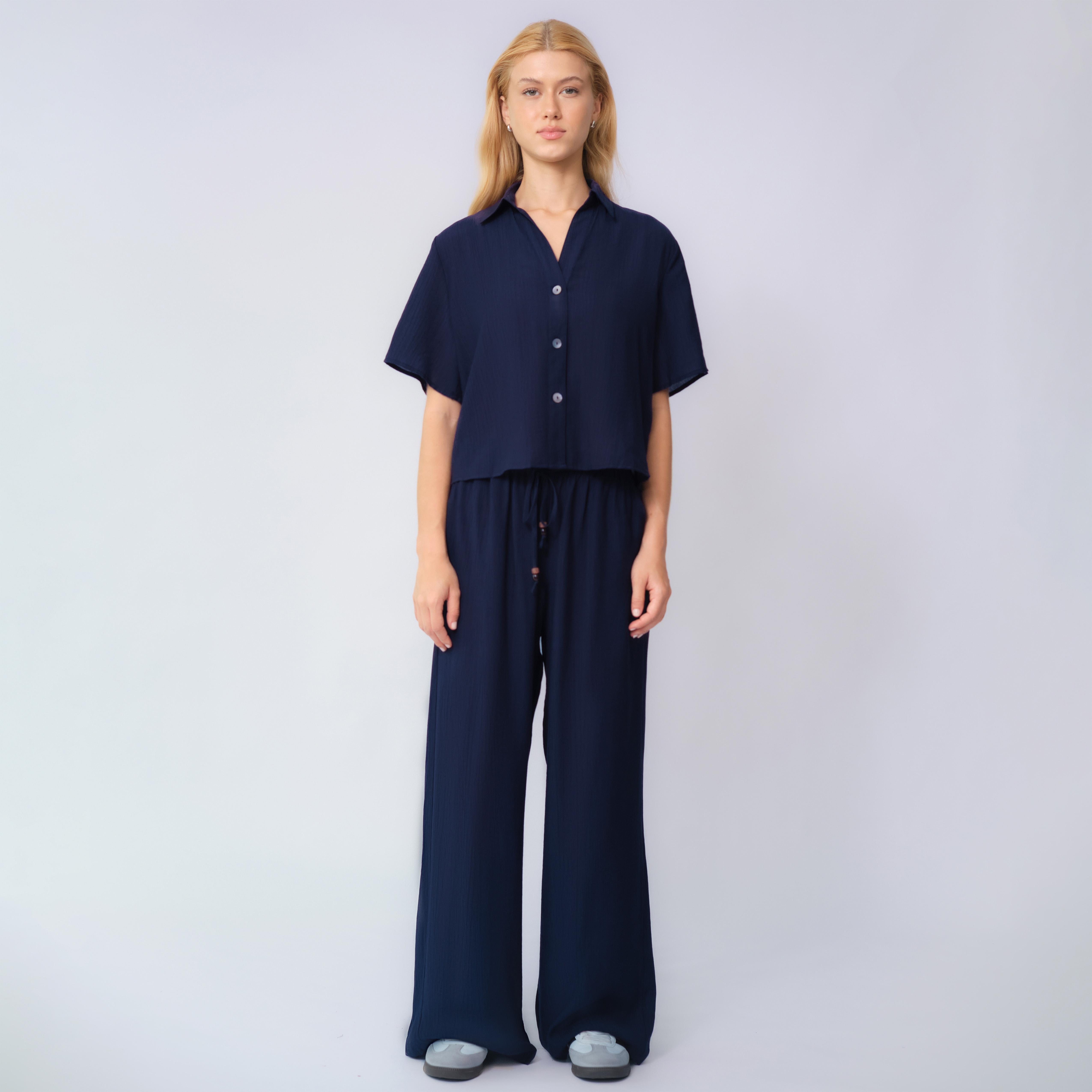 KatchMe Women's Classy Solid Color Collared Shell Button Loose Top & Drawstring Wide Leg Trousers Co-ord, Comfort Set for Lady, Basic Two Piece Outfits