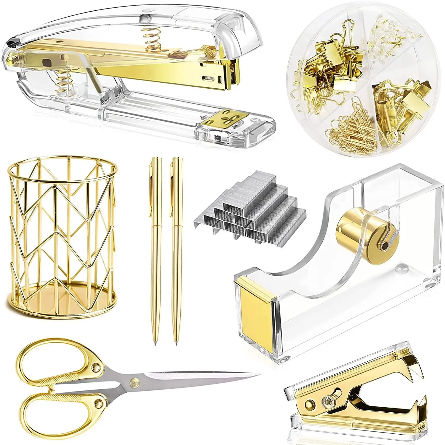 Famassi Gold Acrylic Office Desk Accessories Set - Stapler, Staple Remover, Tape-Pen Holder, 2 Ballpoint Pens, Scissors, Binder-Paper Clips, 1000Pcs Staples (for Office & School Use)