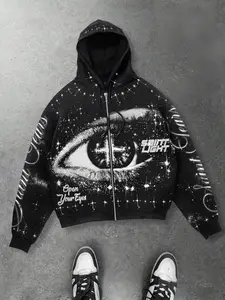 Full Sky Star Eye Print Graphic Open Cardigan Gothic Rock Hoodie Unisex, Black and White Geometric Aesthetic Pattern Casual Sweatshirt Men, Zippered Men's Tops Sweatshirt European and American Street Style American Vintage