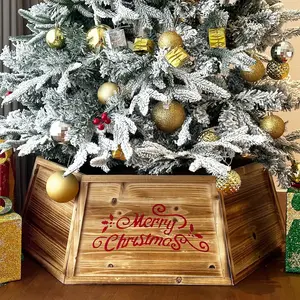 Wooden Christmas Tree Collar,28.7" Hexagon Natural Wood Tree Collar for Artificial Trees,Farmhouse Burned Rustic Christmas Tree Box Base