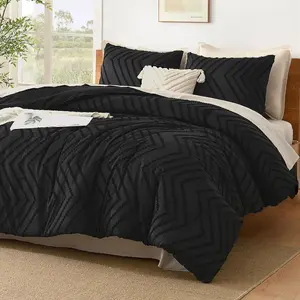 Oversized King Comforter Set 120x98, 3 Pieces Boho Chevron Tufted Bedding Comforter Sets, Bed Set Black