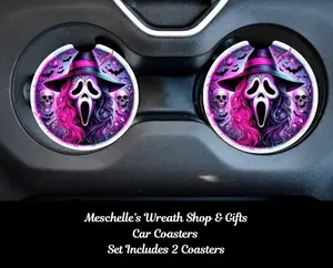 Pink Horror Theme Villain Car Coasters, 2-Piece Set, 2 Pcs Spill-Proof Neoprene/Ceramic Automotive Interior Decoration Accessory for Stylish, Functional Cup Protection & Car Upgrade, 2 Pcs Set