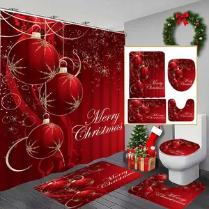 Christmas Theme Decoration Waterproof Shower Curtain Set with Snowflakes & Balls Design, Includes Bath Mat, Toilet Lid Cover, U-Shaped Cushion