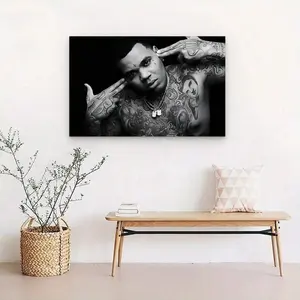 Kevin Gates Black & White Tattoo Portrait Canvas Wall Art - Lightweight Hip Hop Rapper Print, Home Decor for Bedroom Man Cave, Unframed or Framed Options