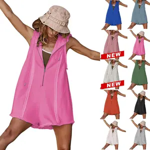 Mundoven Womenswear Knit Rompers for Women Athletic Workout Hooded Romper Casual Zip-Front Neck Jumpsuits Overalls with Pockets