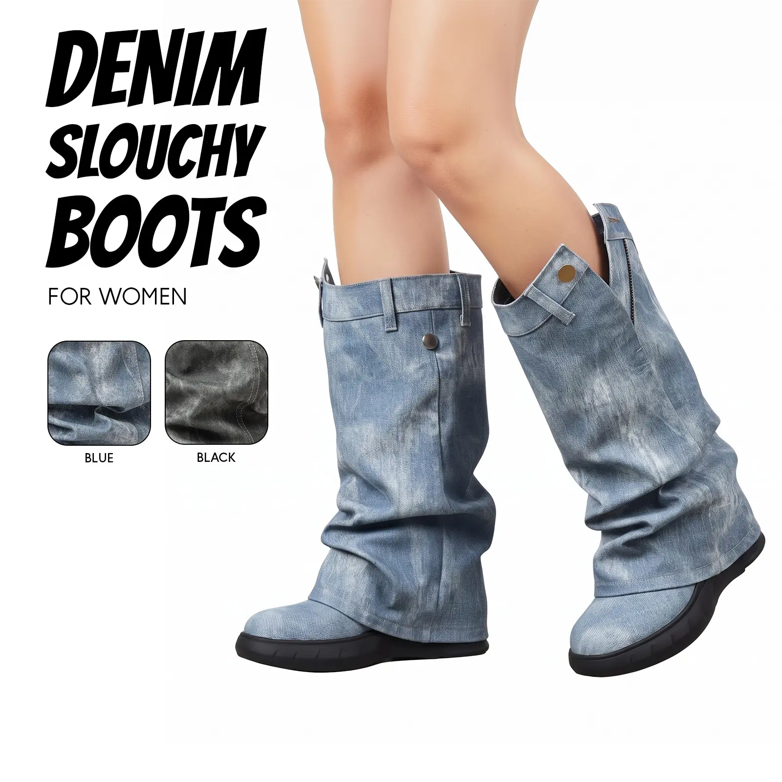 Denim Slouchy Boots For Women Mid Calf Boot Round Toe Wedge Heel Zipper Button Design Easy Pull On Fold Over Party Dressy Dailywear Gifts Riding Summer Casual Shoes