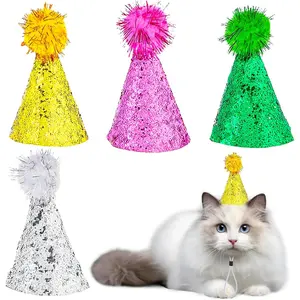 10 Pieces Mini Party Hats, Multi-Color Dog Hats Cat Hats with Pompoms Adjustable Dog Birthday Hat Headbands Mini Birthday Hats for Cats Dogs Stuffed Animals Costume Accessories