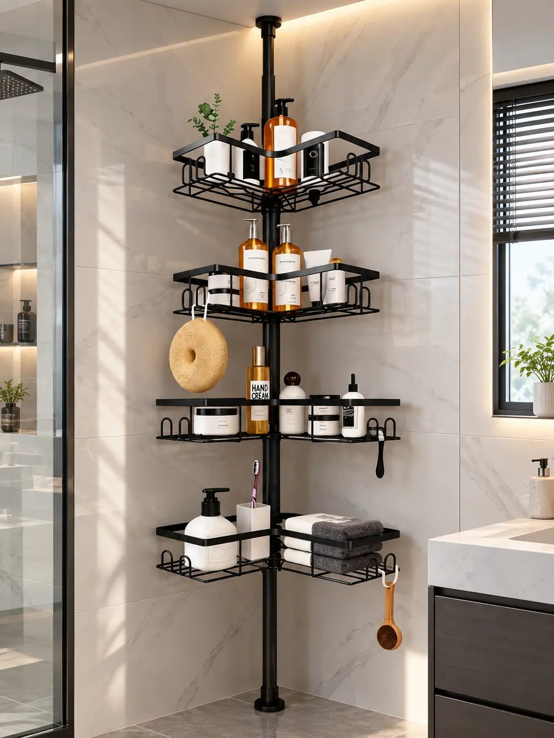 Corner Shower Caddy Tension Pole, Rust-Resistant Stainless Steel 4-Tier Shower Organizer, No-Drill Floor-to-Ceiling Bathroom Storage Rack with Soap Holders & Hooks, Space-Saving Bathtub Shampoo Organizer, Black