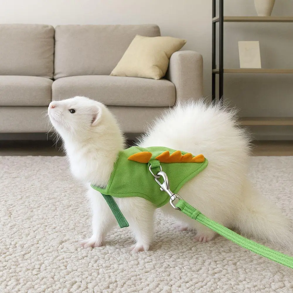 Small Animal Adjustable Flannel Harness & Lead Set - Cartoon Dragon Print, Bell-Attached Soft Vest for Ferret Training, Pet Collars & Leads for Hamsters (As Pictured)