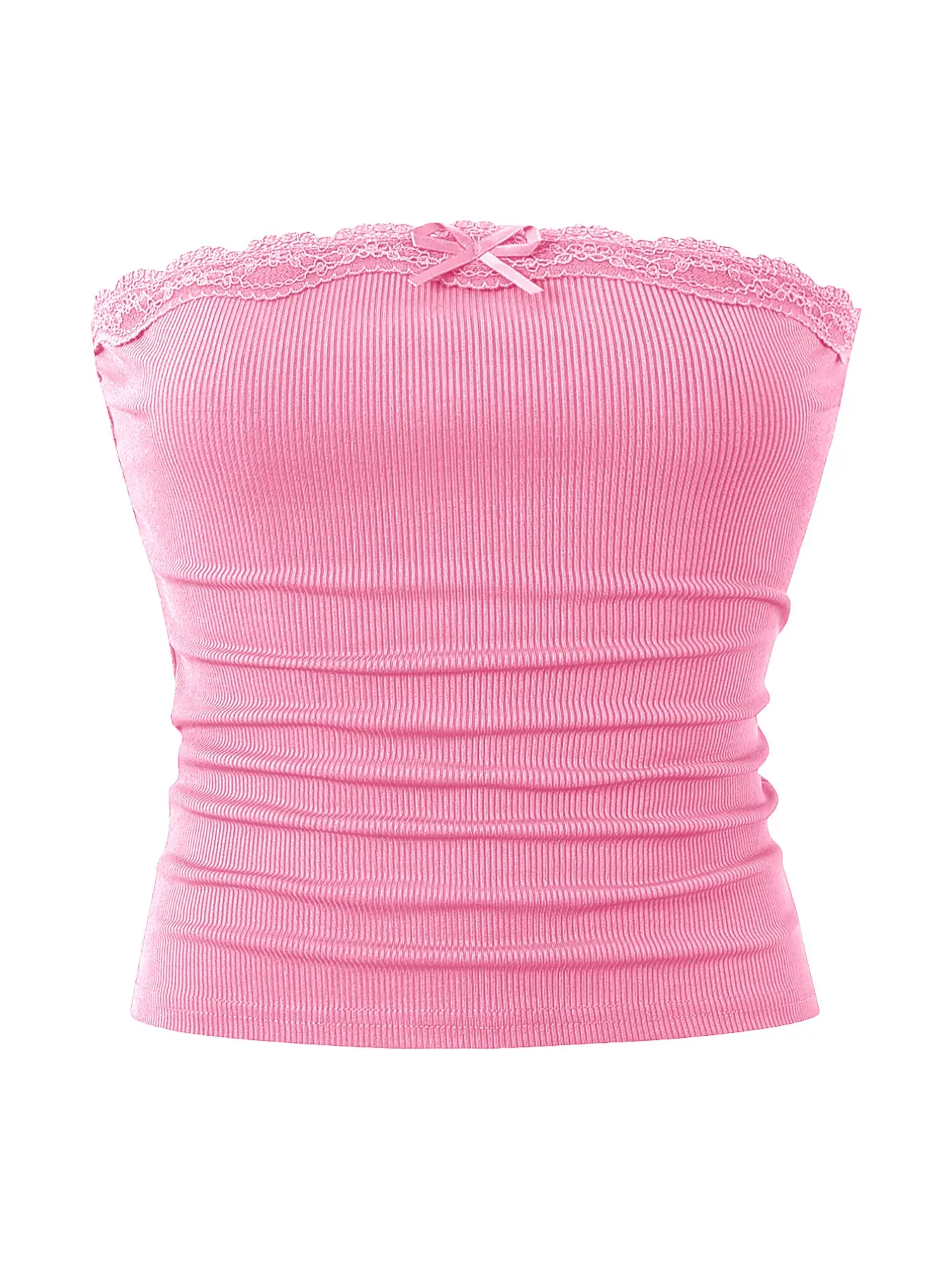 Women's Plain Ribbed Lace Trim Crop Tube Top, Bandeau Top, Cute Casual Strapless Sleeveless Cropped Top for Summer, Fashion Women's Top for Daily Wear, Bandeau Cropped Tops