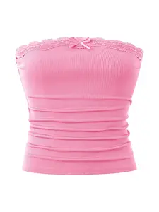 Women's Plain Ribbed Lace Trim Crop Tube Top, Cute Casual Strapless Cropped Top for Summer, Fashion Women's Top for Daily Wear