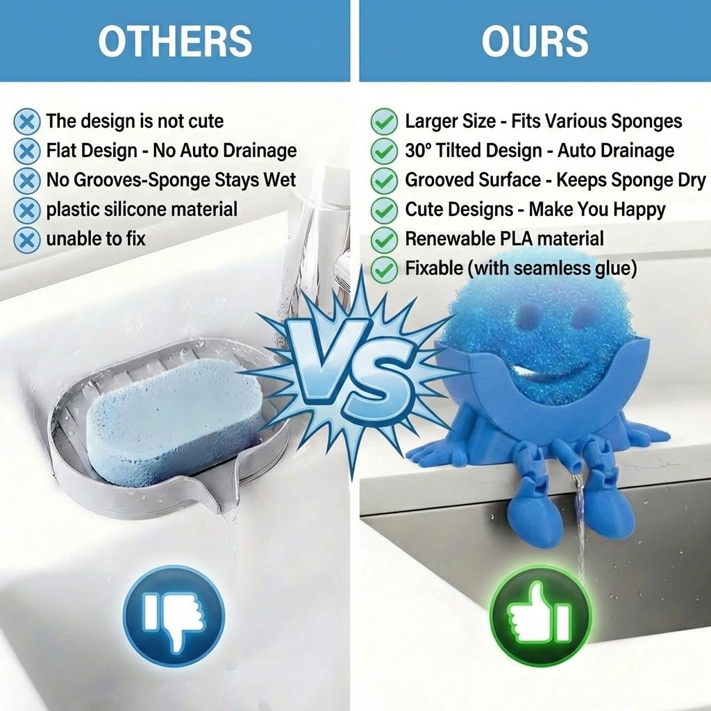 Must-Have Cute Sponge Holder for Kitchen Sink, Funny 3D Printed Hanging Organizer with Drainage, No-Trace Strong Glue, Keeps Your Sponge Dry, Clean & Easy to Grab