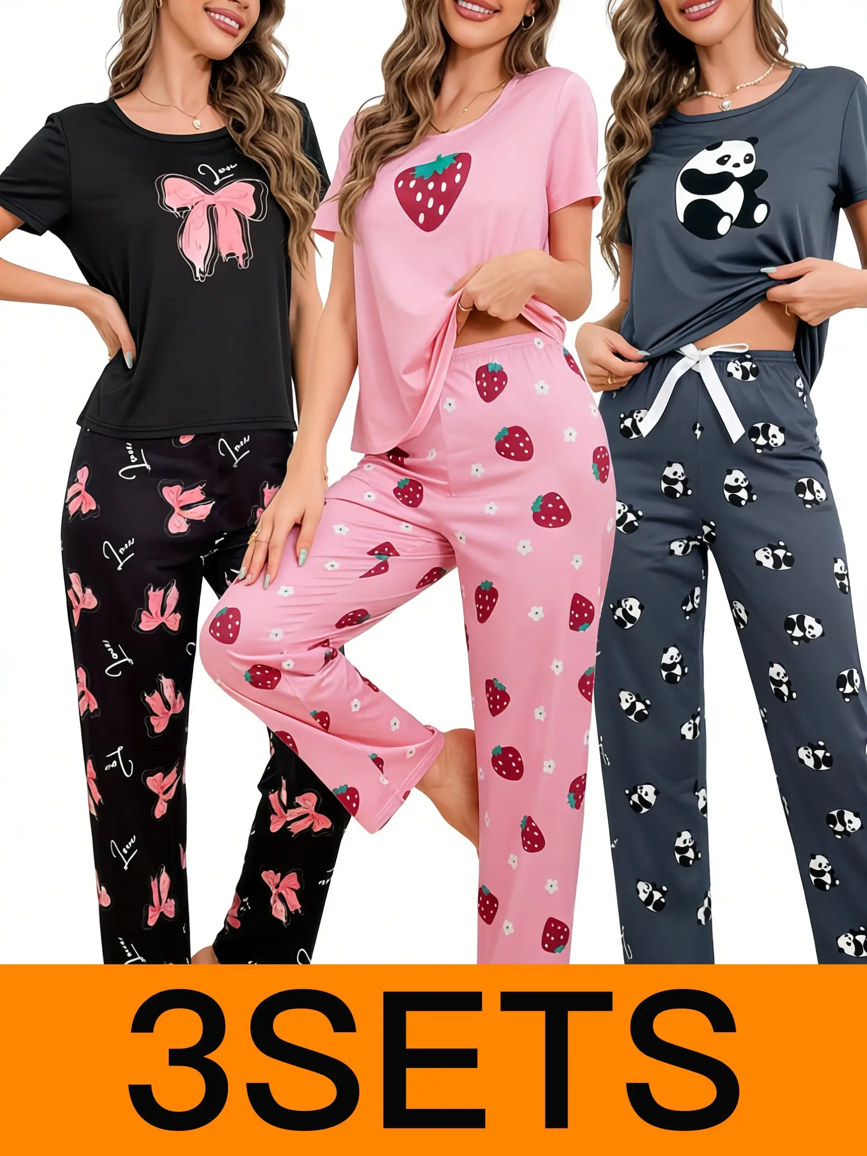 Women's Comfortable Polyester 3-Pack 2-Piece Short Sleeve Pajamas - Strawberry, Panda, Bow Graphics with Butterfly, Teddy, Leopard Prints, Soft Casual Nightwear Value Bundle