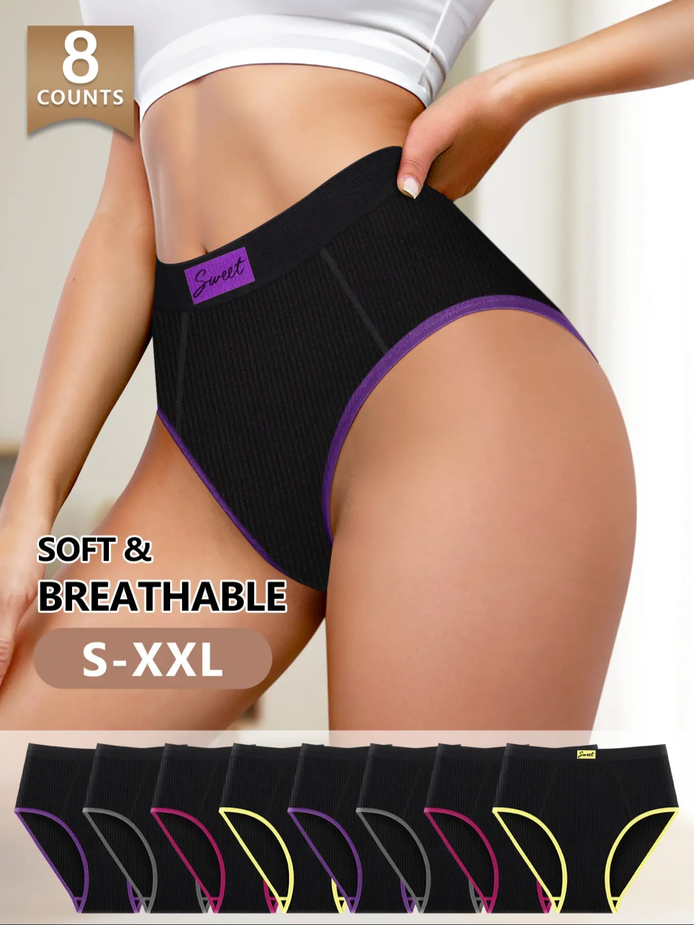 8 Pcs Morelect Colorblock High-Waist Fitted Women's Soft Comfy Underwear, Soft Breathable Panty No Sweat, Comfortable Butt-Lift No Waist Pain, Triangle Panties