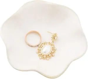 Ceramic Ring Dish, Jewelry Dish Holder, Small Trinket Tray Plate for Earrings Rings Necklaces Keys, for Mom Friend Sister (White Surface)