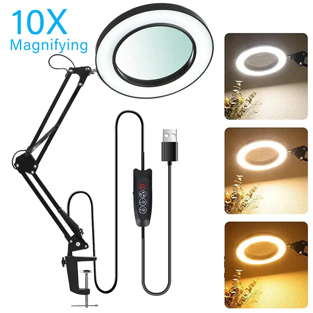 [Weekly Deals] 60 LEDs Magnifying Lamp, 10X Magnifying Glass with Light and Stand, 10 Dimmable Brightness 3 Color Modes, Hands Free Metal Desk Lamp for Craft Reading Painting Hobby Close Work #DealsforYouDays