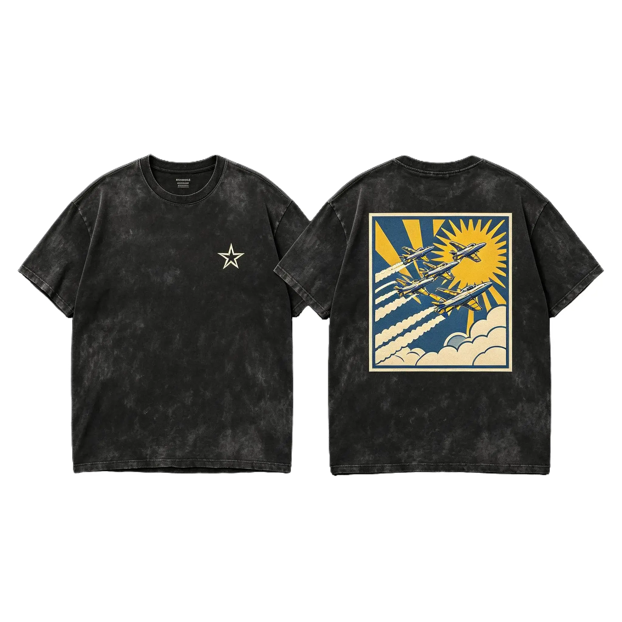 Jet Fighter Formation Shirt, Military Aviation Air Force Jet Squadron fashion wear Oversized Tshirt, Vintage Graphic Tee, Acid Wash Streetwear, Small Star Crest Front Jet Fighter Formation Sunburst Rays Clouds Box Frame Back Print Graphic Top,