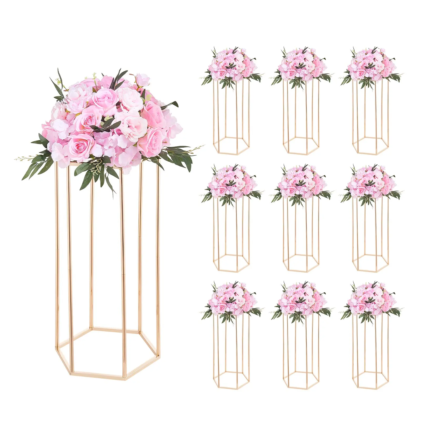 VEVOR Wedding Flower Stand, 10PCS 23.62-inch Column Flower Stand, Floral Stands with Acrylic Laminate, Hexagonal Cubic Floral Display Rack for Wedding, Party, Birthday, Home, Gold Centerpiece Stands