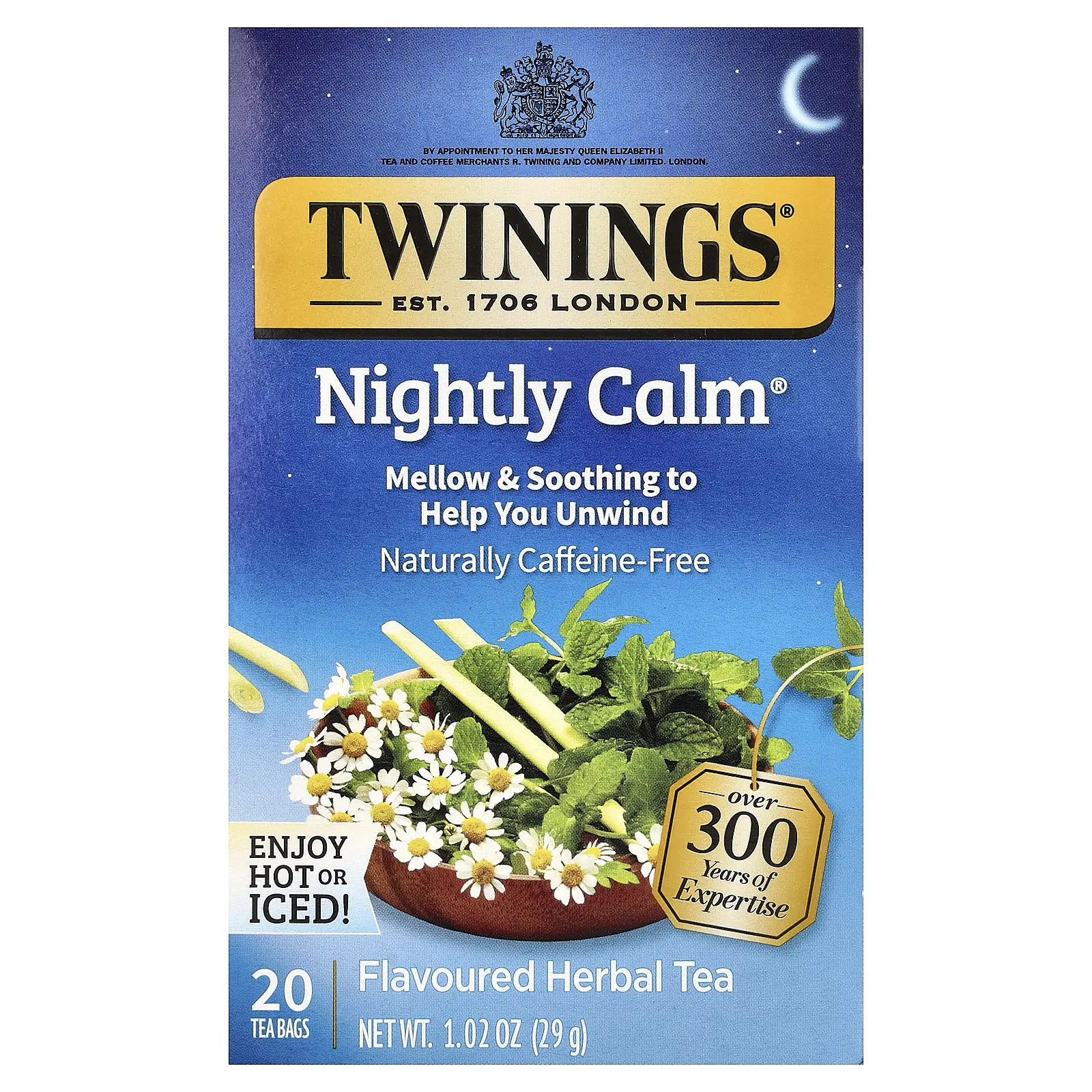 Twinings Flavored Herbal Tea, Nightly Calm®, Caffeine Free, 20 Tea Bags, 1.02 oz (29 g)