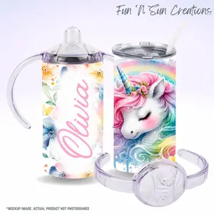 Rainbow Unicorn Sippy Cup, Custom Drinkware for Kids, 12oz Stainless Steel Reusable Cup