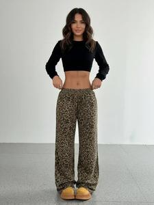 women's leopard print drawstring waist straight leg pants, casual pocket trousers for daily wear, ladies bottoms for all seasons, pants for women
