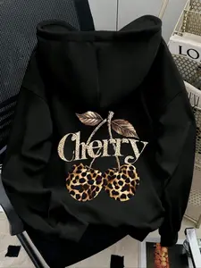 Women's Leopard Cherry Print Hoodie, Casual Loose-Fit Drawstring Pocket Sweatshirt, Fall Winter Fashion Outdoor Wear