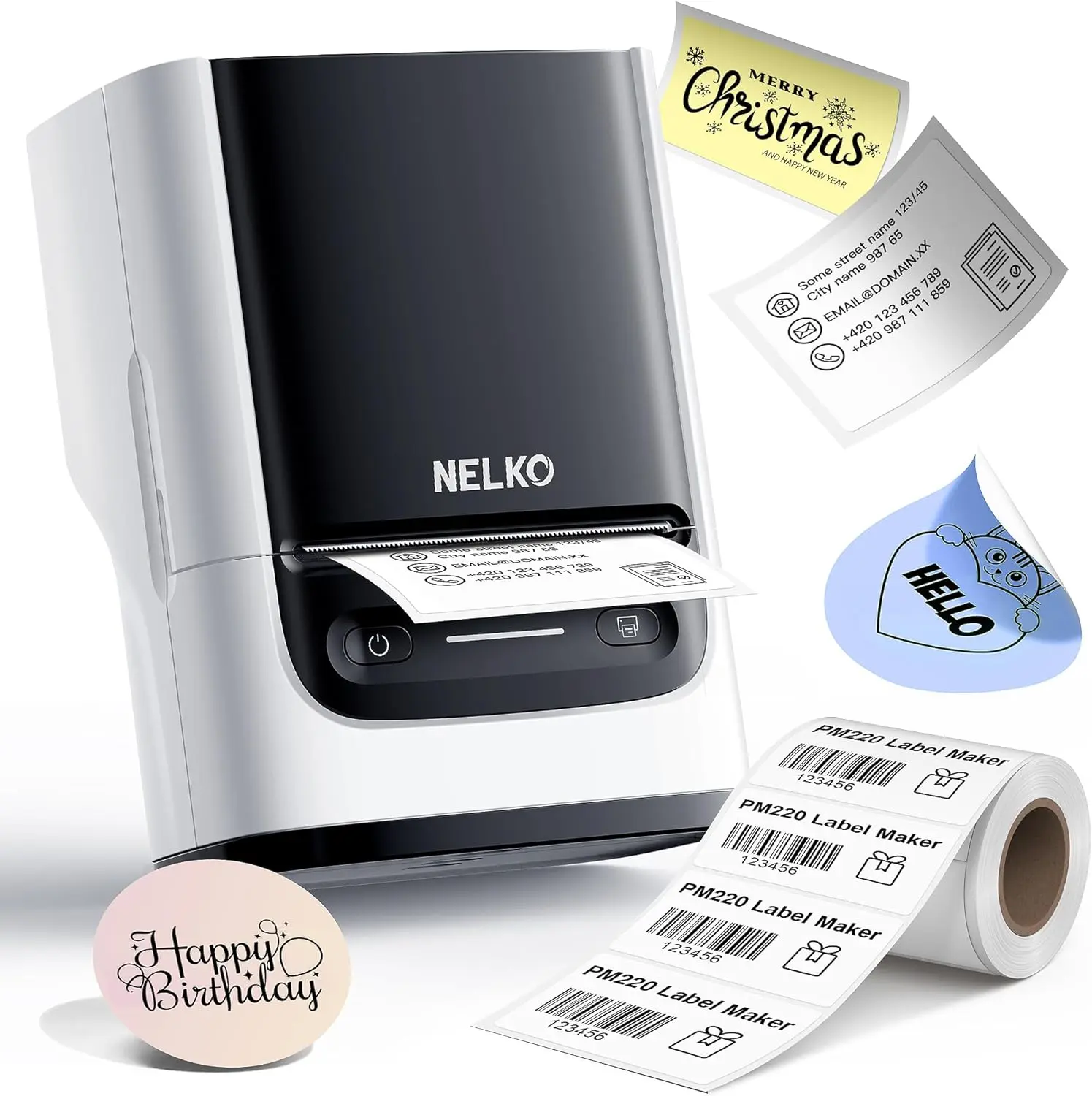 Nelko PM220 Bluetooth Thermal Label Printer - for Small Businesses, Logo Clothing & Mailing Stickers, PC/Phone Compatibility (iOS, Android), Batteries Included, QR/Barcode Print Support, Template Editor, Label Tape