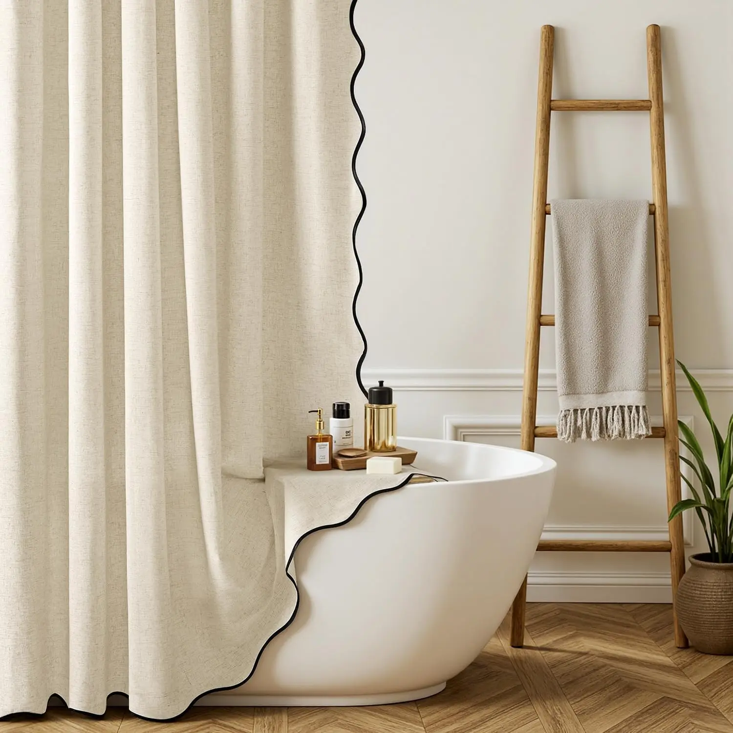 Linen Scalloped Cream Shower Curtain with 12 Metal Hooks Boho Farmhouse Cute Heavy Duty Washable Waterproof Thick Cloth Shower Curtains with Black Border for Bathroom Hotel