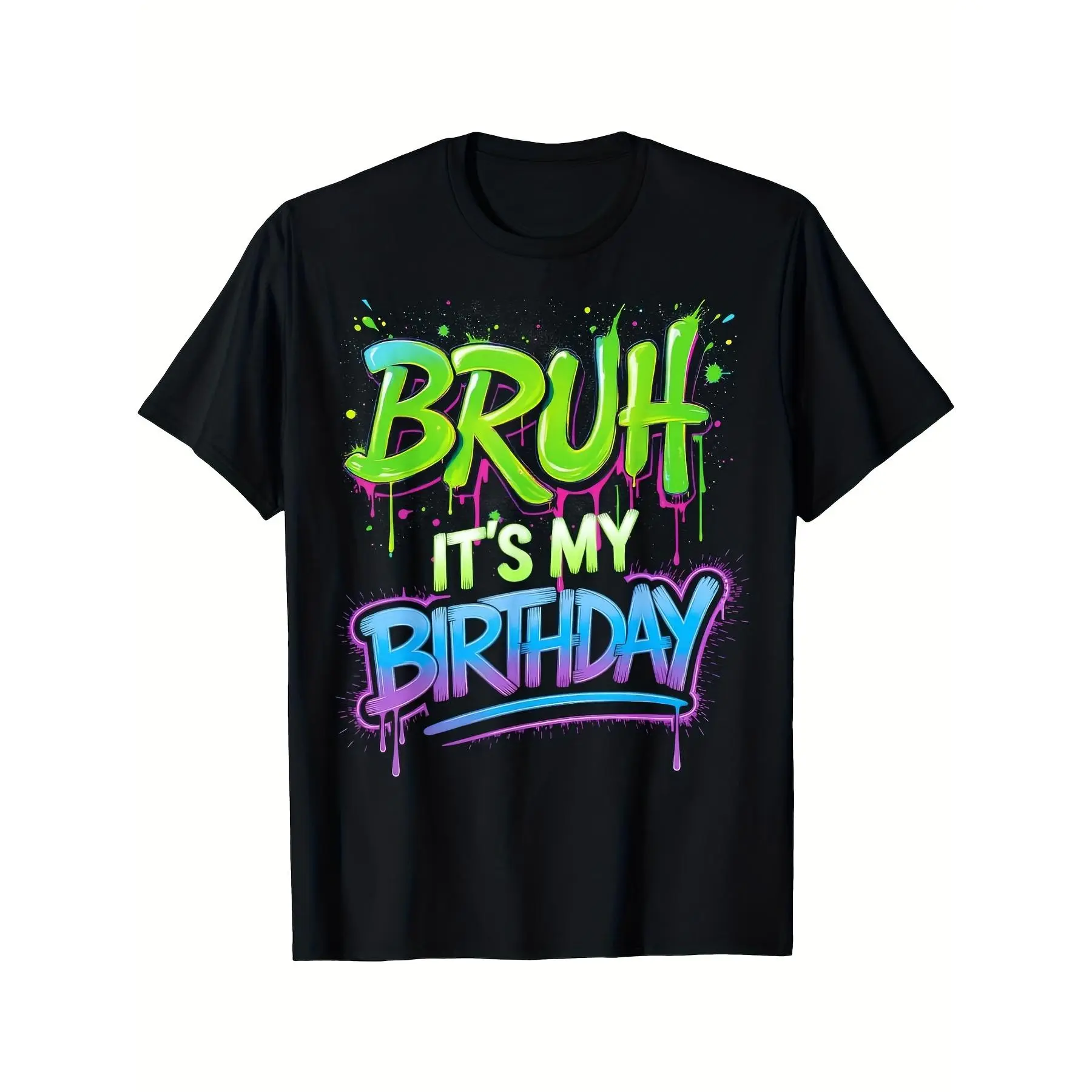 Women's Minimalist Casual Pullover Hoodie Top - Short Sleeve, Adjustable Drawstring Hood, Crew Neck, "Bruh It's My Birthday" Graphic Graffiti Print, Polyester Fabric, Pocket, All Seasons, Machine Washable