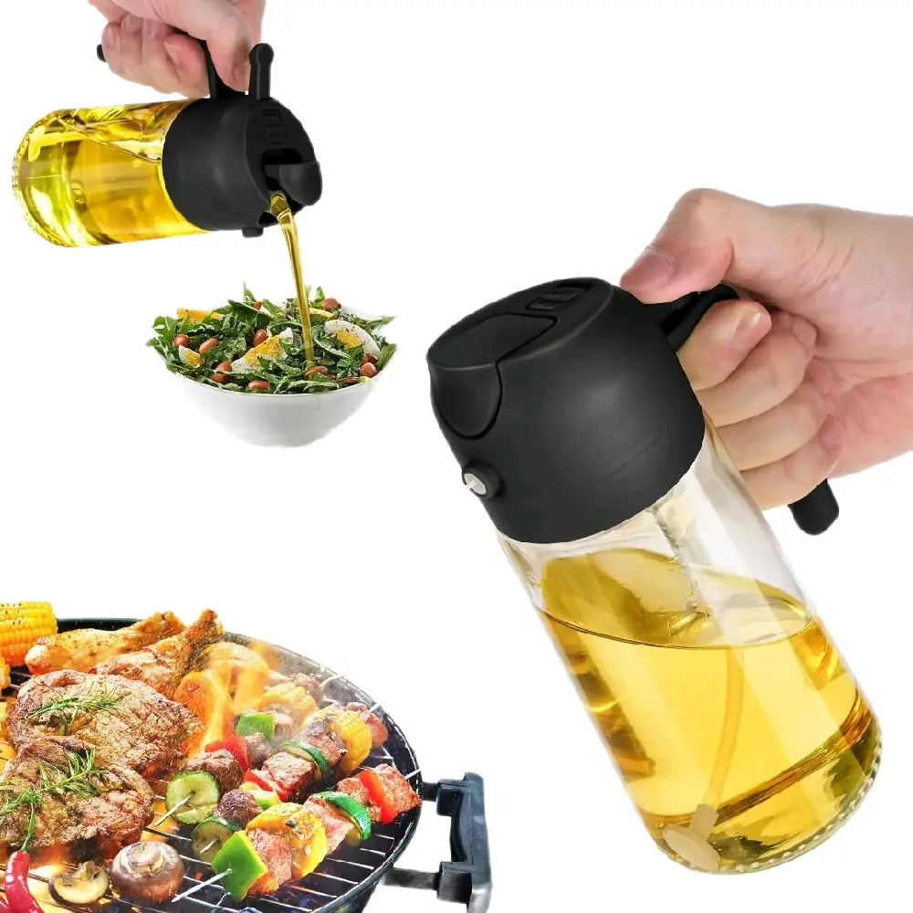 Glass Oil or Vinegar Dispenser Bottle, 20 oz (600 ml) — 2-in-1 Glass Bottle with Sprayer