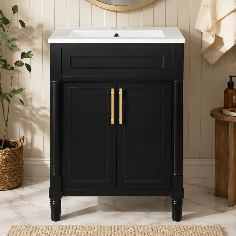 Littleox 24" Bathroom Vanity with Integrated Ceramic Sink, Bathroom Cabinet with 2 Doors, Single Sink Bathroom Vanity for Small and Medium Restroom