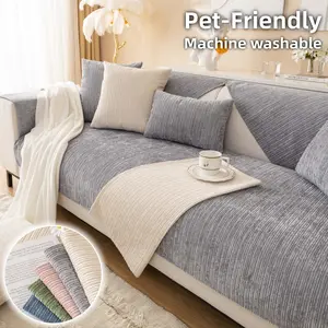Solid Color Chenille Couch Cover, Couch Slipcover, Sofa Protector Slipcover, Soft Ribbed Sofa Covers for Dogs & Cats, Machine Washable Non-Slip Sofa Pad, Modern Grey & Beige Sofa Throw, Living Room Decor, Anti-Scratch Couch Mat for 1/2/3/4 Seater