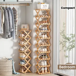 Multi-Layered Bamboo Foldable Shoe Rack Organizer - Space-Saving, Strong Storage Capacity, Easy-to-Assemble, Independent Design - Suitable for Small Spaces, Rental Houses