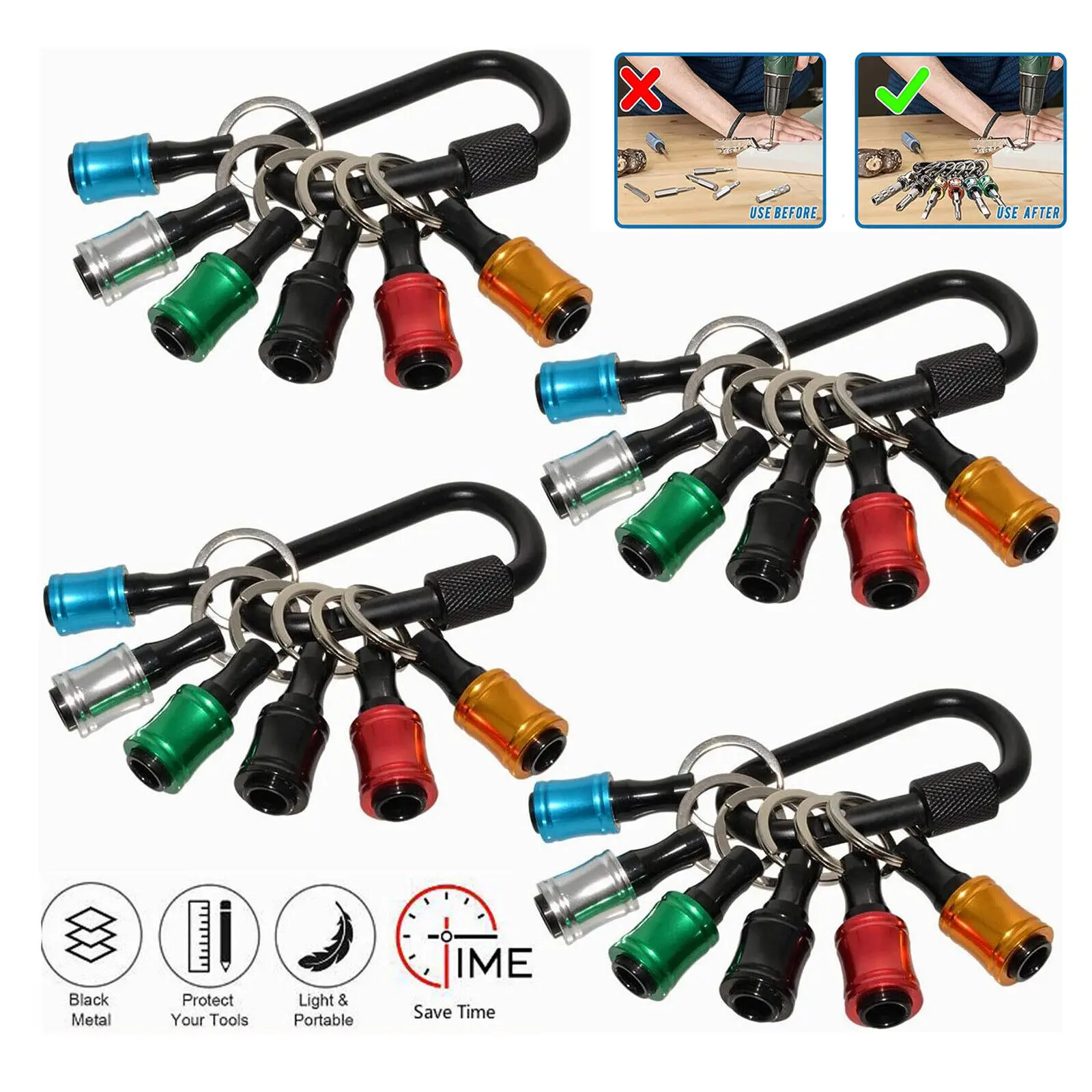 Bit Holder Keychain - 1/4 Inch Hex Shank Bit Holders for Nut Driver, Screwdriver & Drill Bits - Quick Release Design