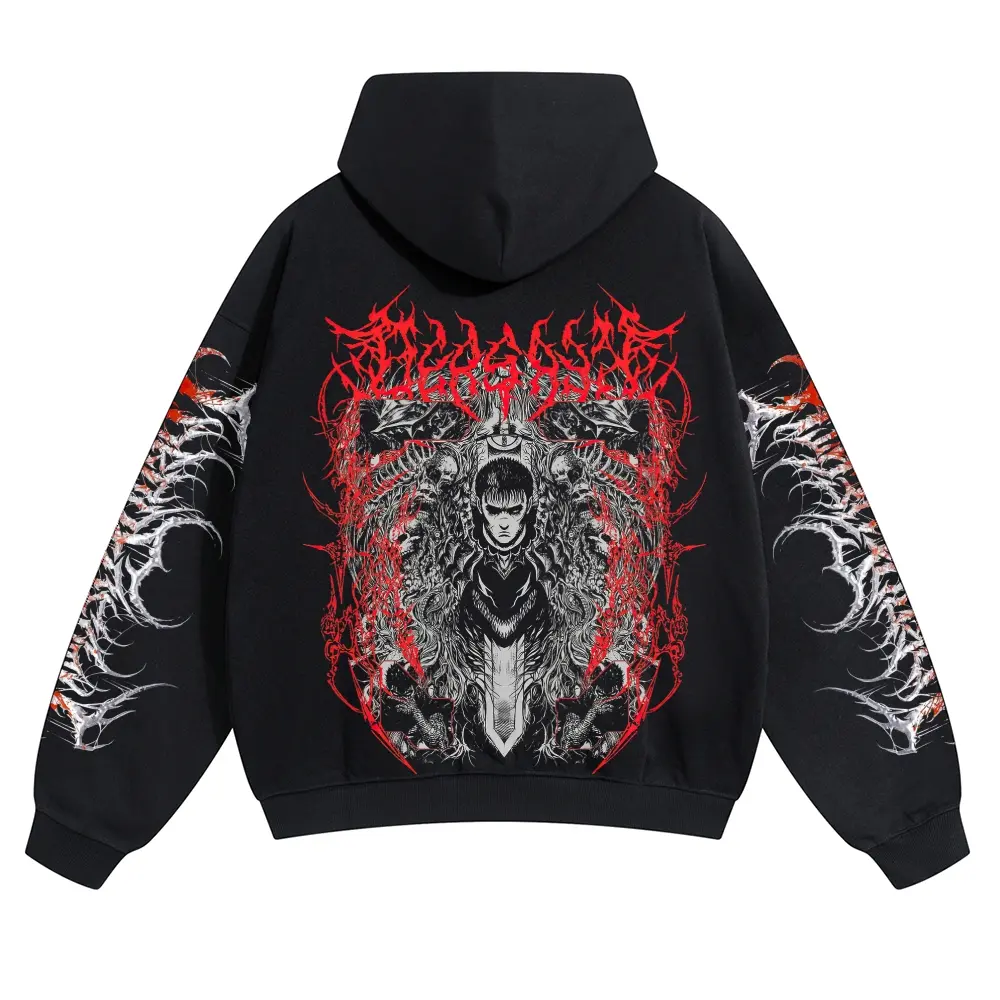 A hooded sweatshirt featuring the protagonist from *Berserk*, made with American-style washed fabric, standard American fit, men's washed hooded sweatshirt, made in the USA, street style hooded top.