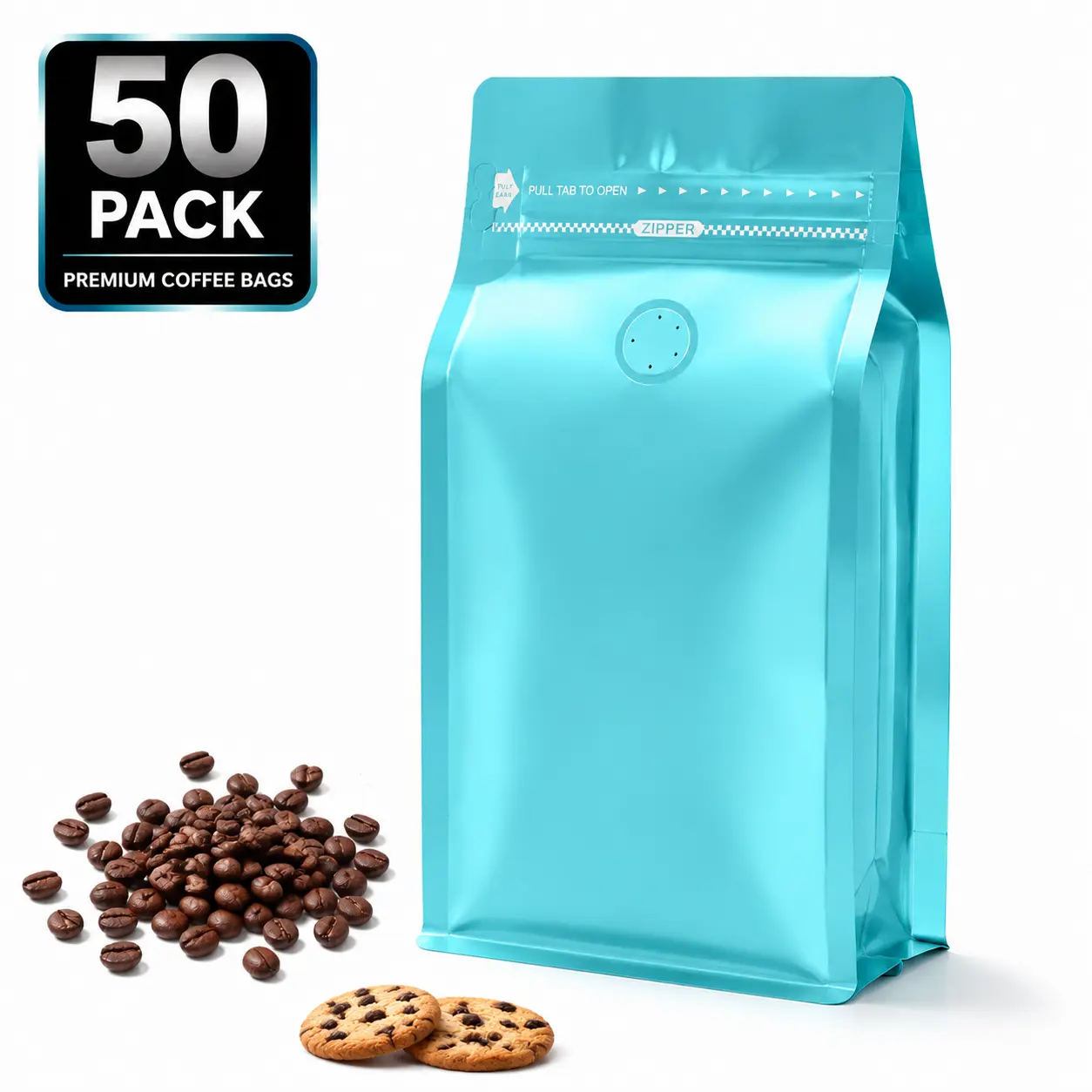 50pcs Coffee Bags with Valve, Flat Bottom Coffee Packaging Bags with Resealable Zipper, High Barrier Foil Coffee Pouches for Coffee Beans Storage, Small Business & Home Use