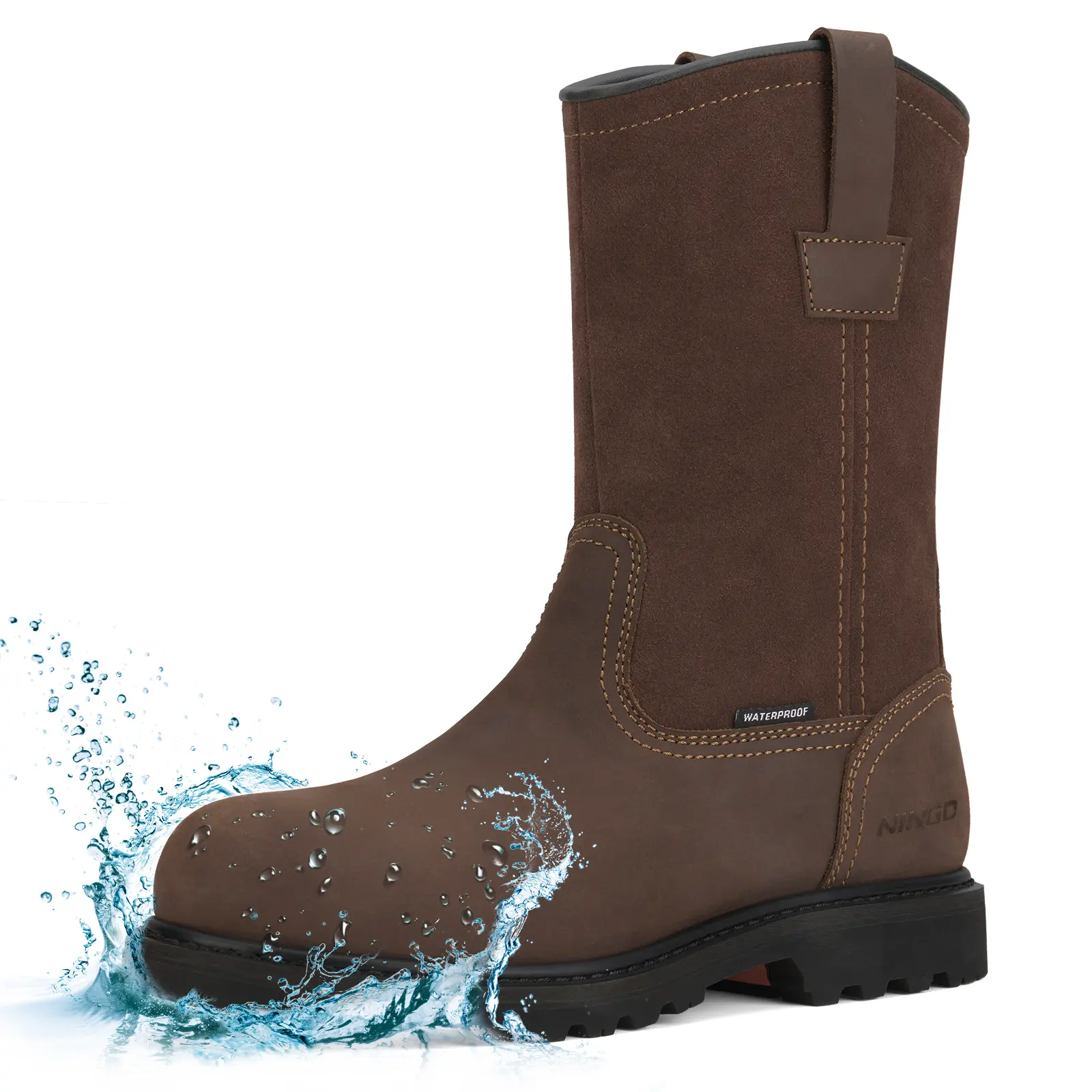 NINGO Men's Soft Toe Work Boots, Wellington Pull-On Full-Grain Leather, Waterproof, Oil & Slip Resistant with EH Protection and Iron Shank, Footwear, Soft Toe-Dark Brown, Slip On, Walking Shoes, Closed, Worker, Camping, Construction, Outdoors
