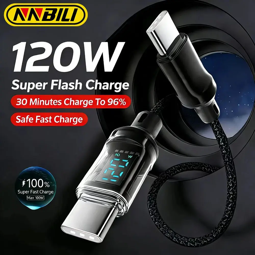 NNBILI 120W C-C and A-C Cable Phone Super Fast Charging Cable With LED Display Data Cord not for iPhone xiaomi Samsung