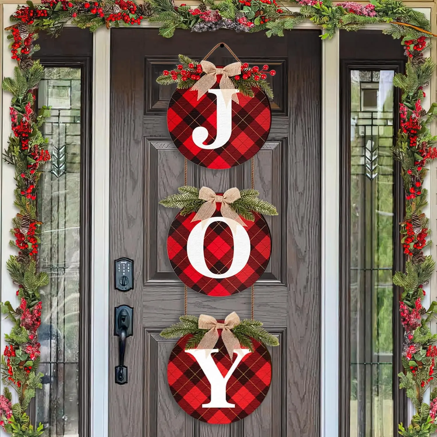 Farmhouse Christmas Wreaths Set of 3, 12 Inch Rustic Burlap Wooden Buffalo Check Plaid Wreaths with Hanging Joy Signs, Indoor Outdoor Holiday Decor for Front Door Wall Window