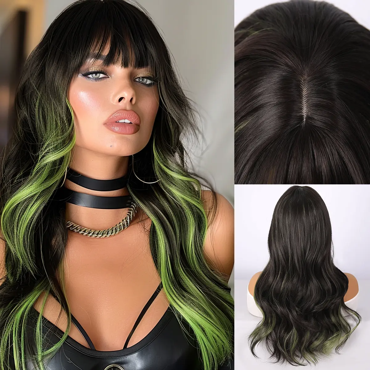 SMILCO/24Inch Highlight Brown With Green Long Curly With Bangs Synthetic Wig/SM406