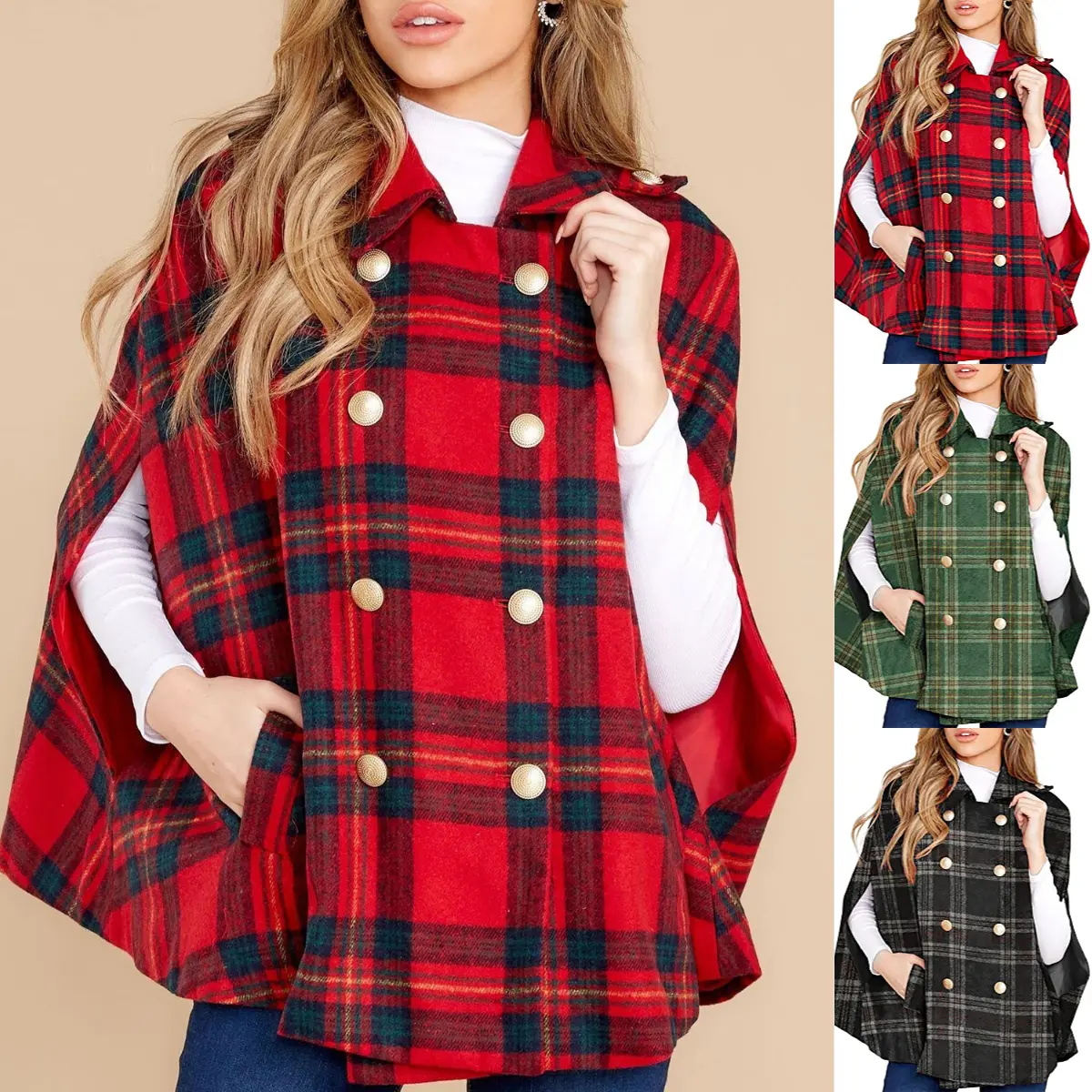 Women's Comfortable Preppy Plaid Shawl Cape Coat - Oversized Double-Breasted Button Lady Style Outerwear with Pockets, Turn-Down Collar, Loose Fit for Winter Work, Xl Size