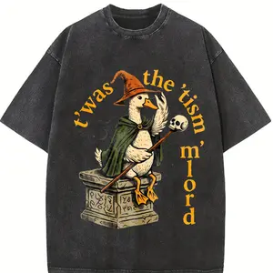Urban Explorer Statement Tee for Soft Grunge Vibes: Wizard Duck in Pointed Hat & Green Cloak with Staff on Stone Pedestal, Sun-faded Acid-Washed T Shirt 230gsm, Ultra-Soft Breathable 100% Cotton, Perfect Daily Uniform for Concerts or Coastal