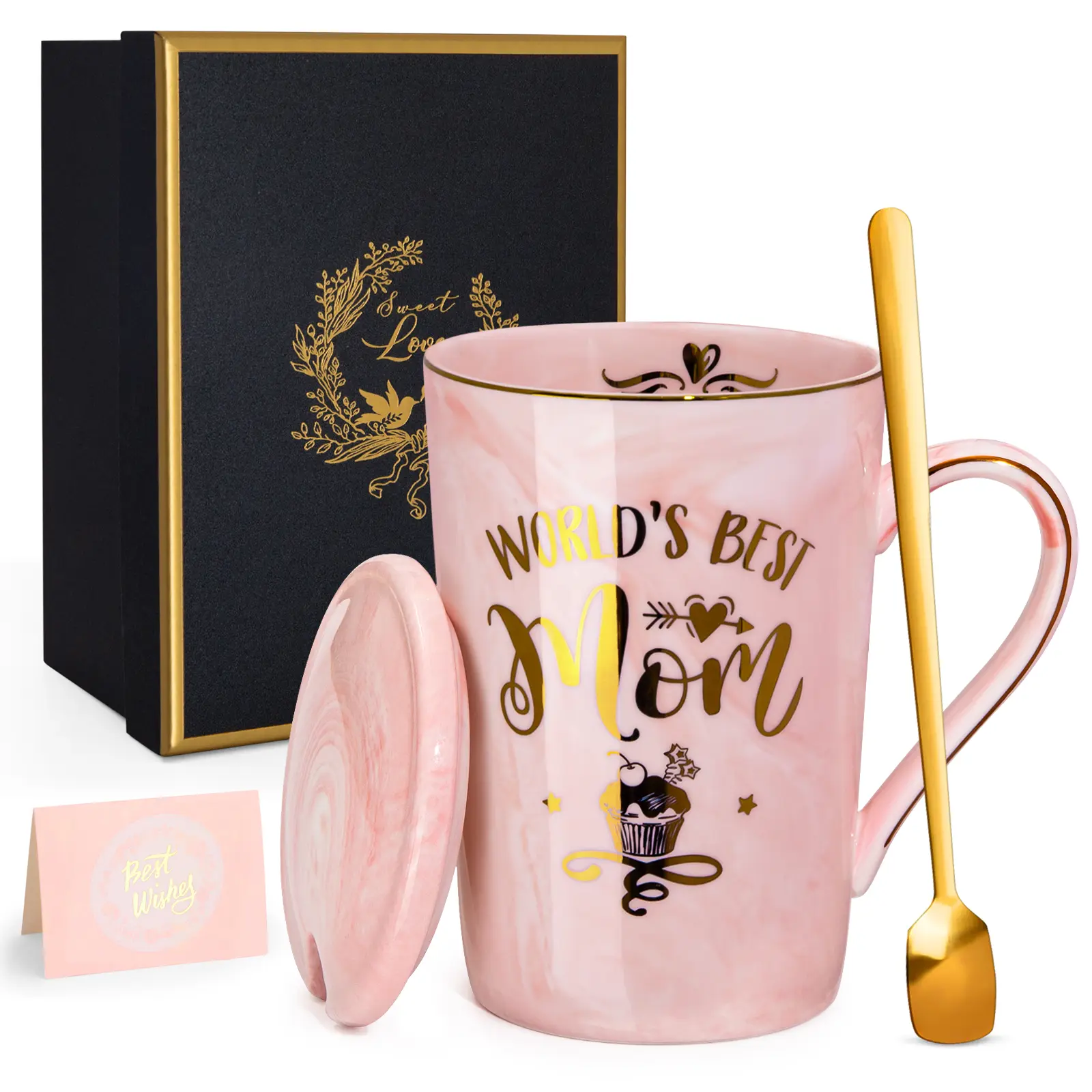 Doublewhale Mother's Day Gifts for Mom from Daughter Son husband - Funny & Unique Holiday Moms Mug Gift Boxed Set for Mothers Wife - Best 14Oz Marble Ceramic Coffee Cup with Lid Spoon Card a creative Valentine's Day gift idea, presented