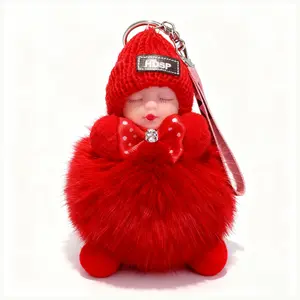 handbag charm Parking Key with Red Fur Bow and Hat for Stylish Accessory,Doll s Fluffy Sleeping Baby Multi-colored Knitted Hat Wear Baby Key Ring, Accessories for Women Men car  accessories  girls